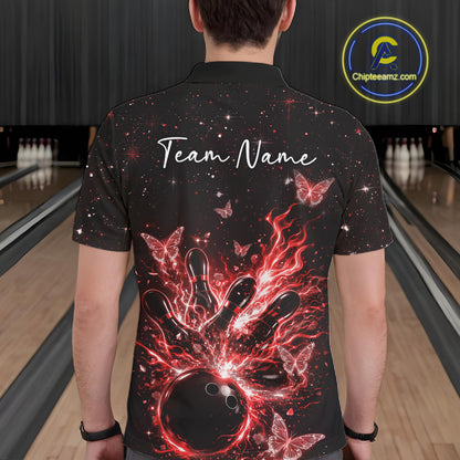 Back view of a male model wearing a black and red bowling polo shirt with cosmic bowling motifs and luminous butterflies.