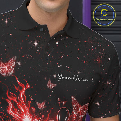 Close-up of the left chest on a black and red bowling polo shirt featuring a flaming bowling strike and butterfly accents.