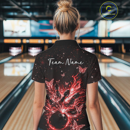 Back view of a female model in a black and red bowling polo shirt showcasing glowing butterflies and flaming pins.