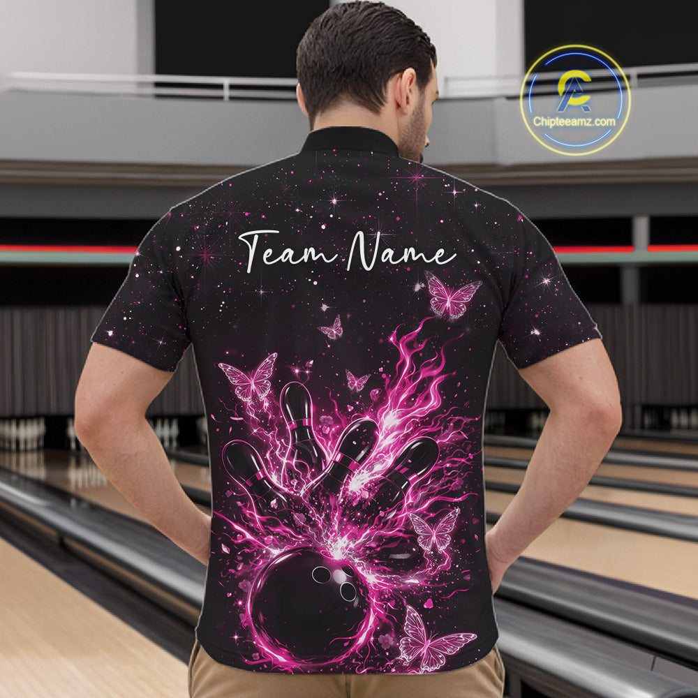 Front view of a male model in a black and pink bowling quarter-zip shirt featuring glowing butterflies and pins.