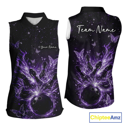Front and back views of a black and purple womens sleeveless shirt featuring a flaming bowling ball striking pins with glowing butterflies and a cosmic background.