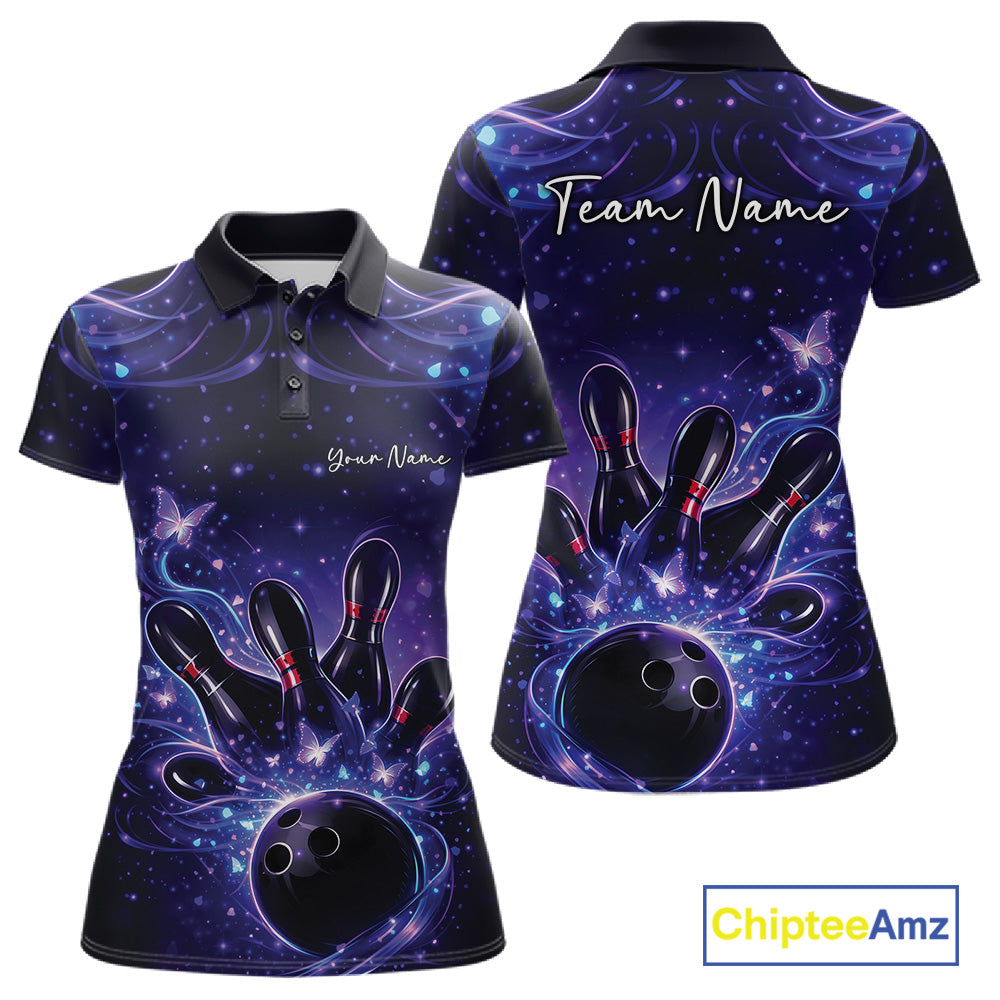 Front and back views of a blue and purple womens bowling polo shirt featuring a bowling ball, pins, and glowing butterflies.