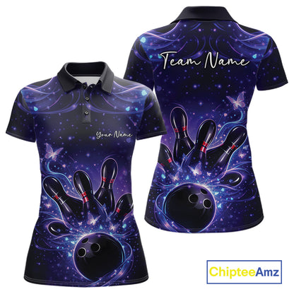 Front and back views of a blue and purple womens bowling polo shirt featuring a bowling ball, pins, and glowing butterflies.