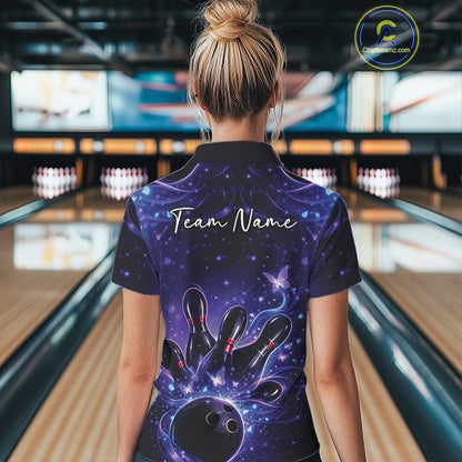 Back view of a female model in a blue and purple bowling polo shirt displaying ball, pin, and butterfly graphics.