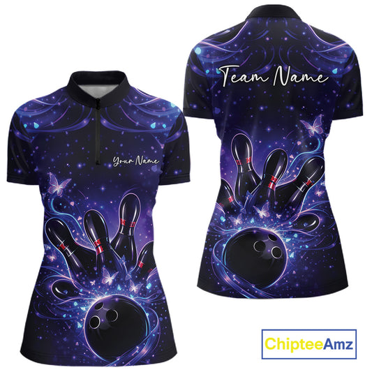 Front and back views of a womens blue and purple bowling quarter-zip shirt featuring bowling pins, a bowling ball, and glowing butterflies.