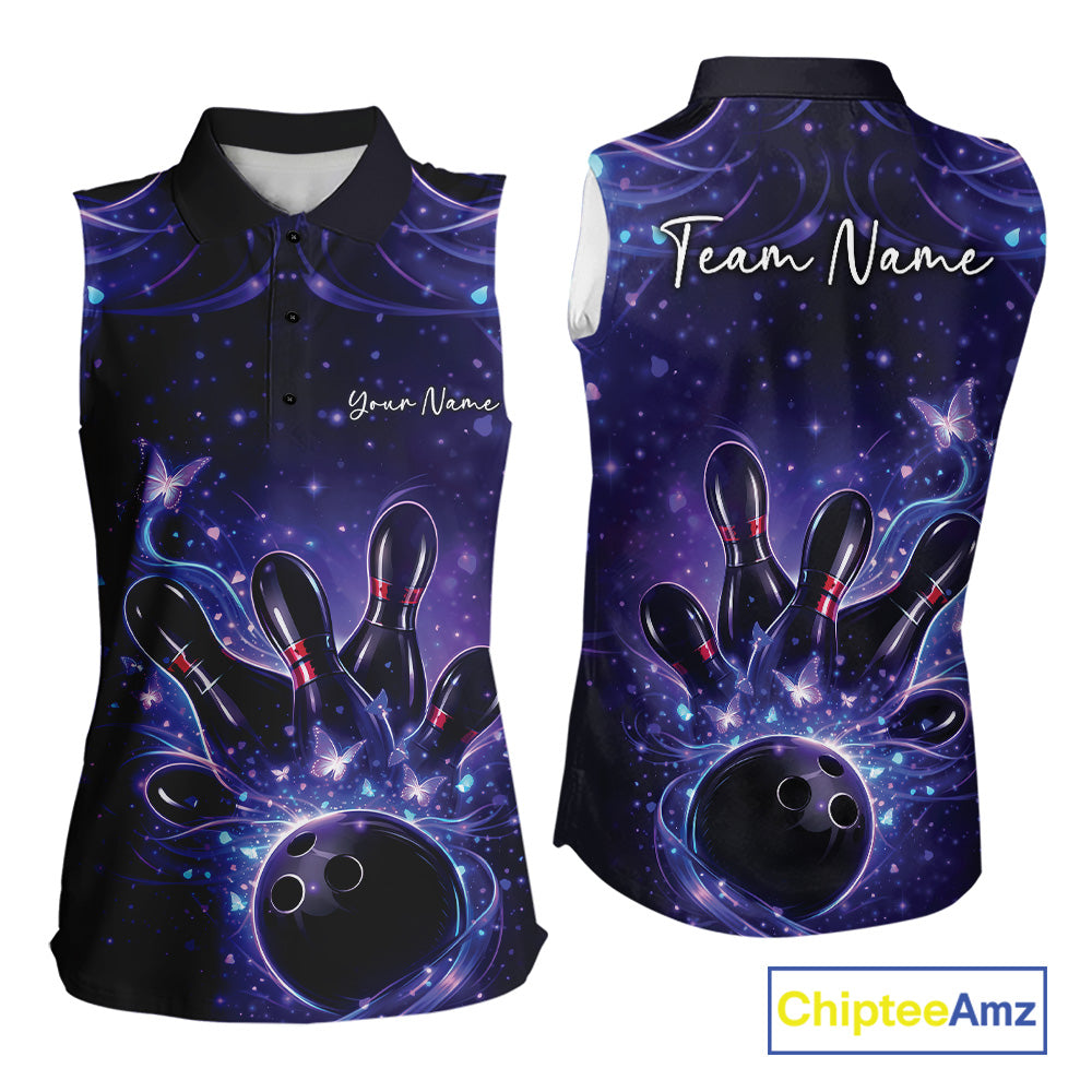 Front and back views of a womens sleeveless bowling shirt in blue and purple with glowing butterflies around bowling ball and pin artwork.