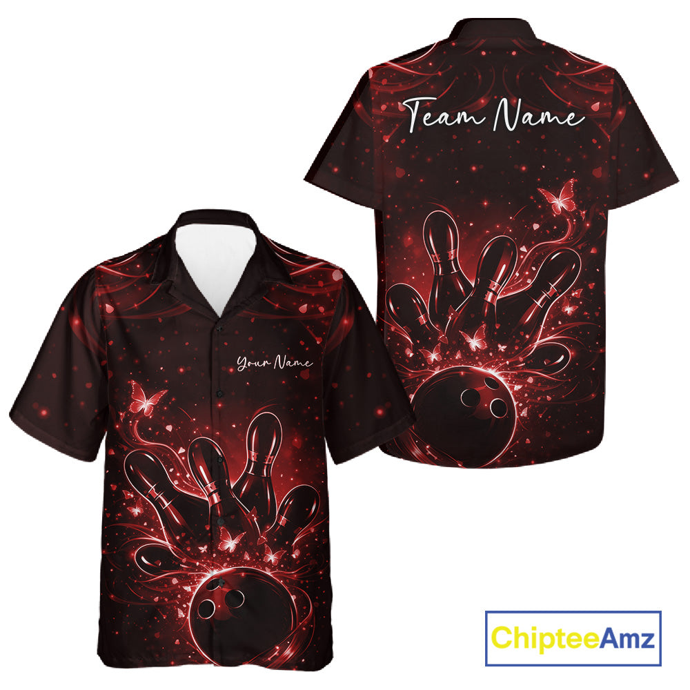Front and back views of a black and red button-up bowling shirt decorated with a bowling ball, pins, and luminous butterflies.