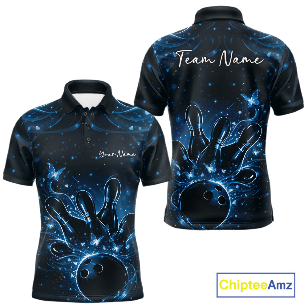 Front and back views of a black and blue mens bowling polo shirt featuring bowling pins, a ball, and glowing butterflies.