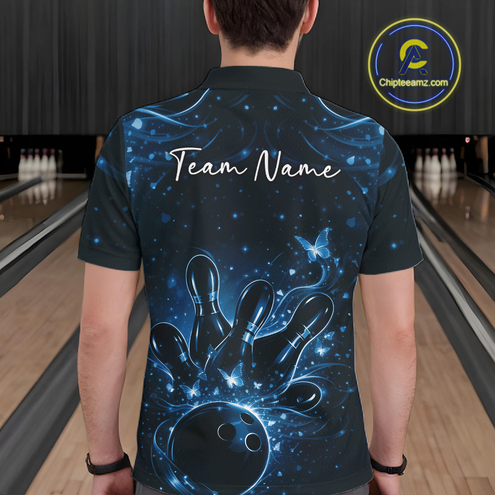 Back view of a male model in a black and blue bowling polo shirt showcasing ball, pin, and butterfly artwork.