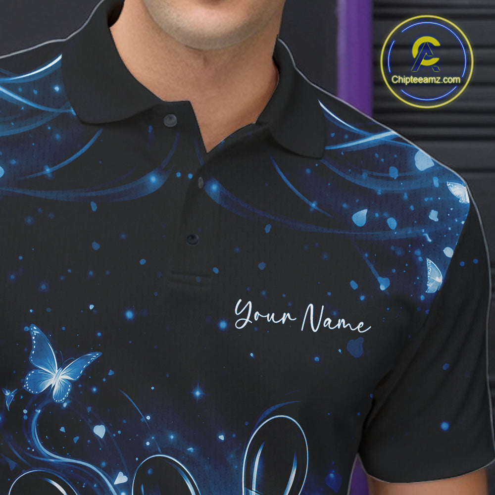 Left chest close-up of a black and blue bowling polo shirt featuring glowing butterflies and bowling graphics.