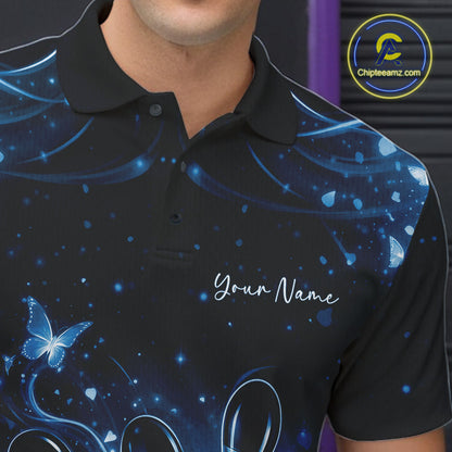 Left chest close-up of a black and blue bowling polo shirt featuring glowing butterflies and bowling graphics.