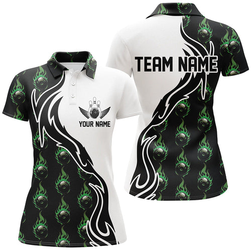 Green Flame Bowling Ball Women'S Bowling Polo Shirt, Custom Bowling Jerseys With Team Name IPHW6949