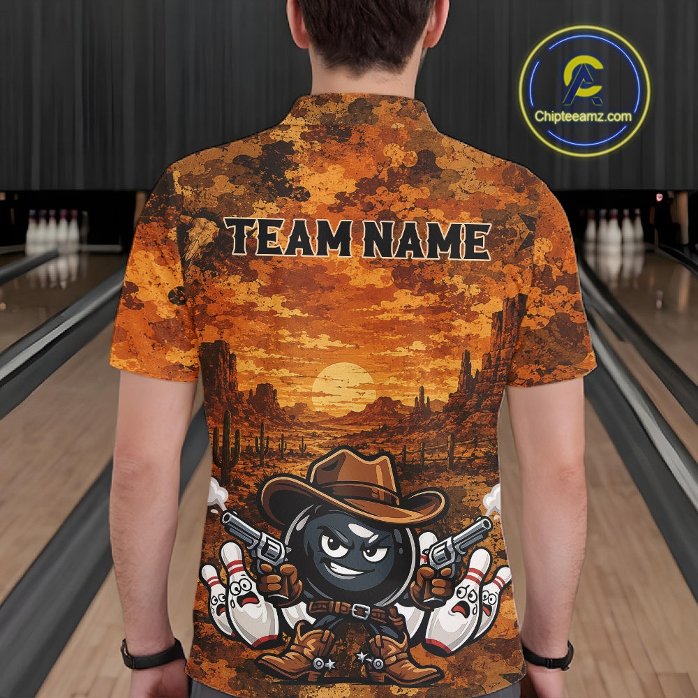 A man viewed from behind wearing a short-sleeve bowling-themed shirt with a desert sunset landscape and a cartoon bowling ball character holding guns. The shirt has 'TEAM NAME' printed across the upper back.