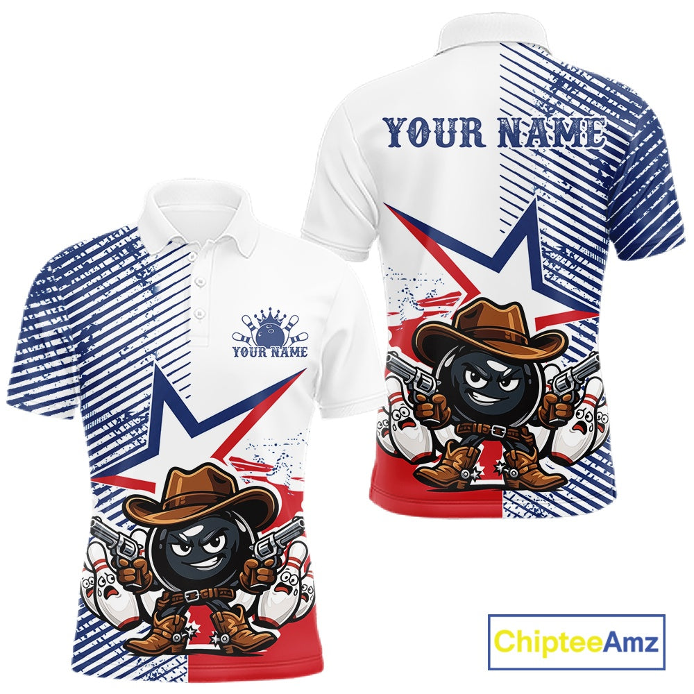 Customizable polo shirt mockup showing front and back views. The shirt features a white base with blue diagonal stripes on the sleeves and upper chest, a large red and blue star graphic, and a cartoon bomb character wearing a cowboy hat and boots holding revolvers.