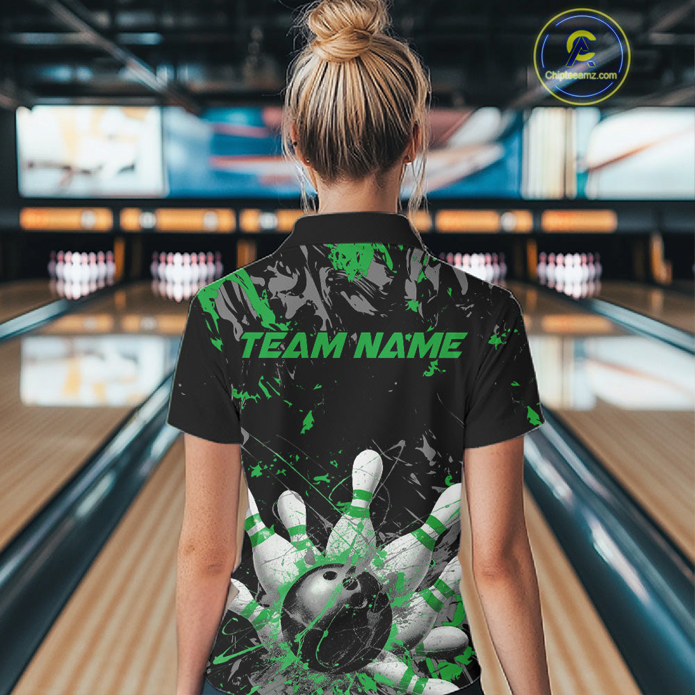 Custom Black And Green Splatter Camo Bowling Team Polo Shirts For Women IPHW10796
