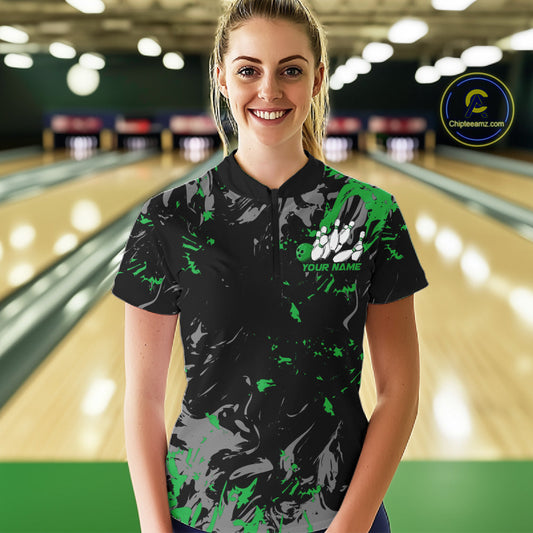 Custom Black And Green Splatter Camo Bowling Team Quarter-Zip Shirts For Women IPHW10796