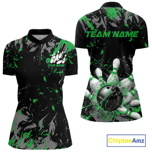 Custom Black And Green Splatter Camo Bowling Team Quarter-Zip Shirts For Women IPHW10796