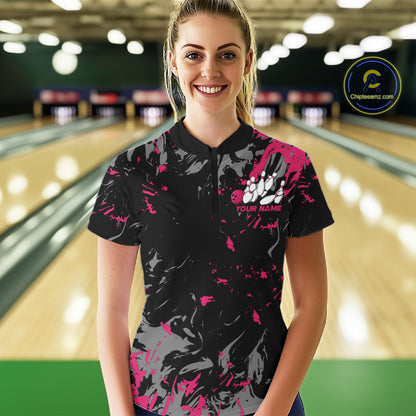 Custom Black And Pink Splatter Camo Bowling Team Quarter-Zip Shirts For Women IPHW10797