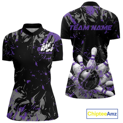Custom Black And Purple Splatter Camo Bowling Team Quarter-Zip Shirts For Women IPHW10798