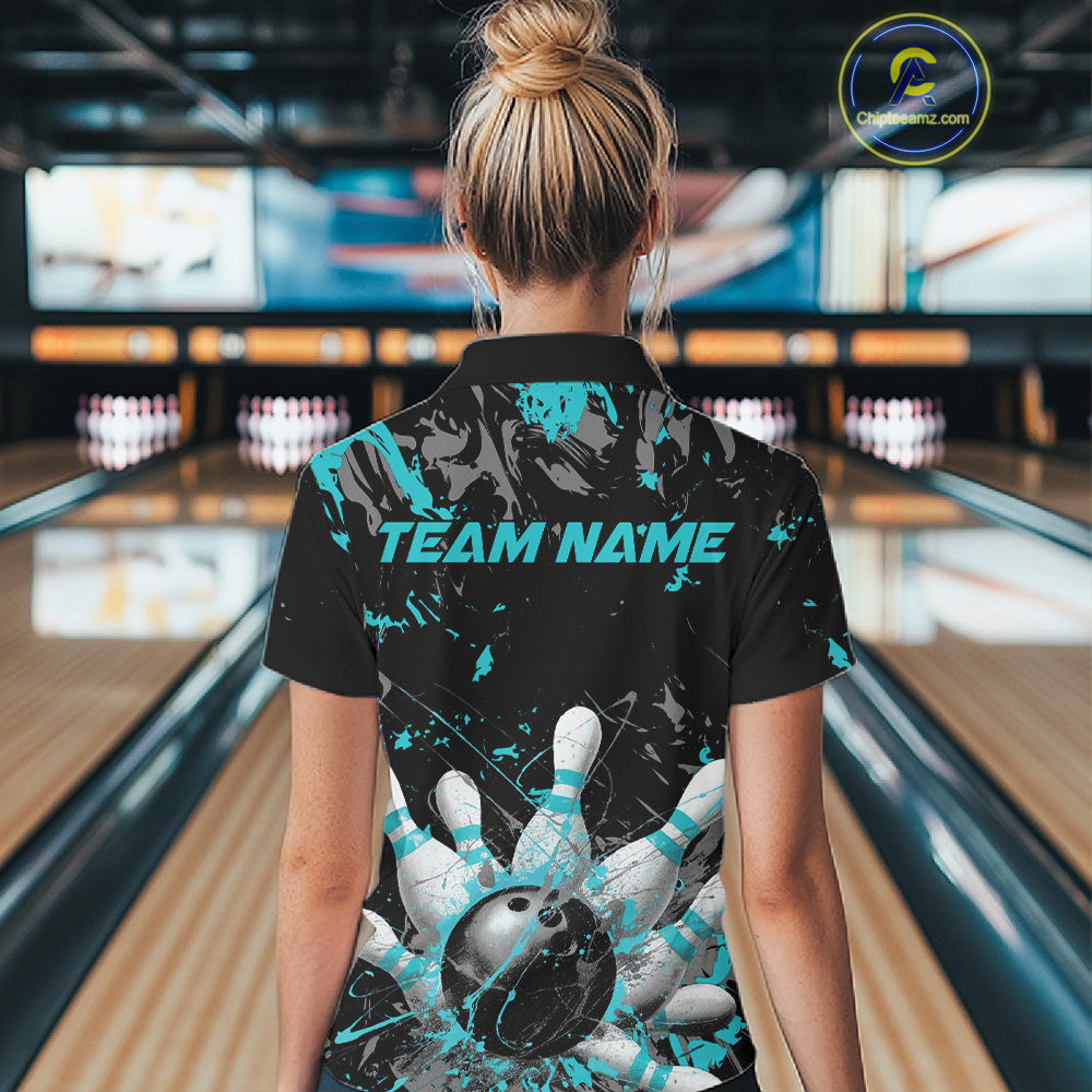 Custom Black And Turquoise Blue Splatter Camo Bowling Team Quarter-Zip Shirts For Women IPHW10799