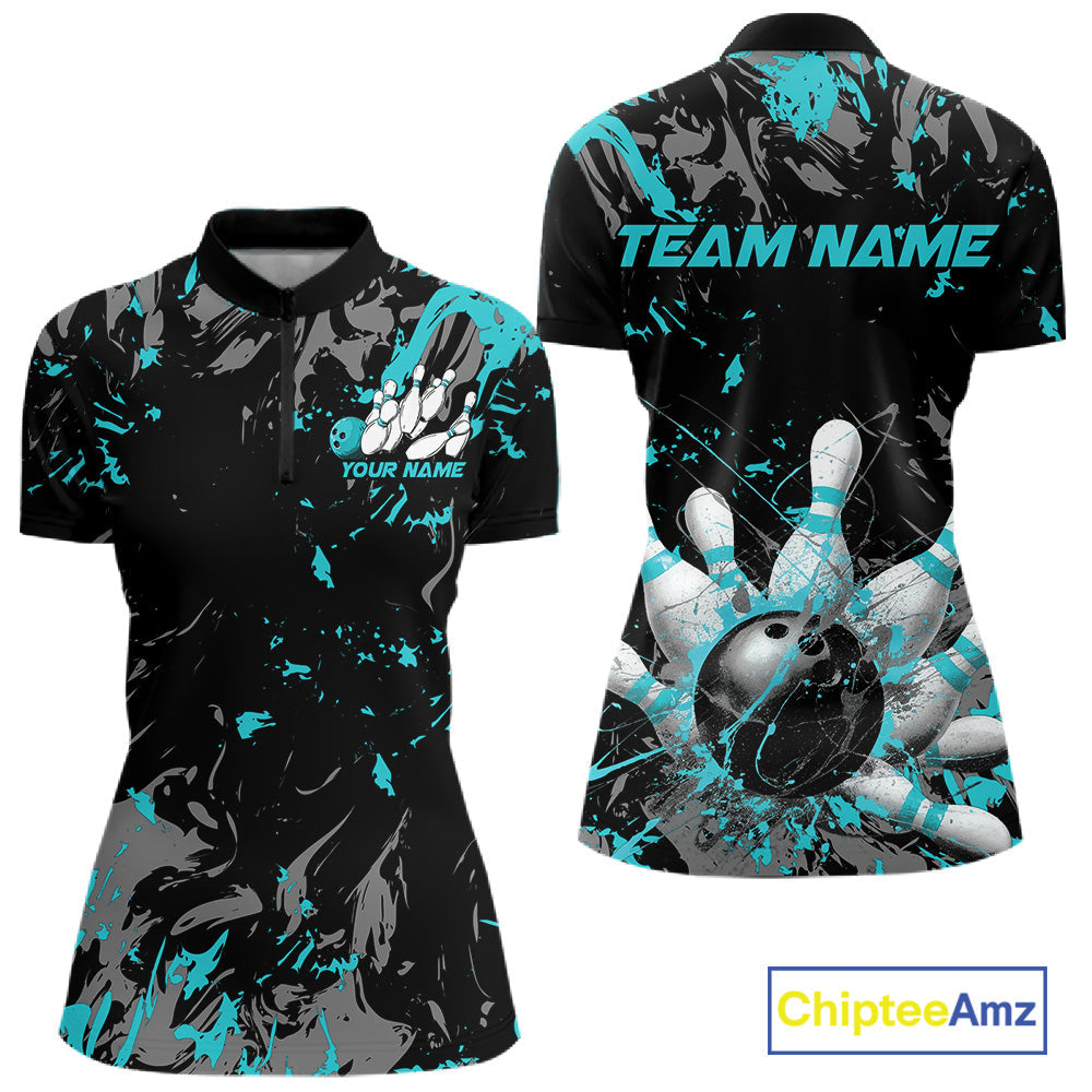 Custom Black And Turquoise Blue Splatter Camo Bowling Team Quarter-Zip Shirts For Women IPHW10799
