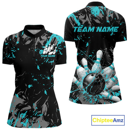 Custom Black And Turquoise Blue Splatter Camo Bowling Team Quarter-Zip Shirts For Women IPHW10799
