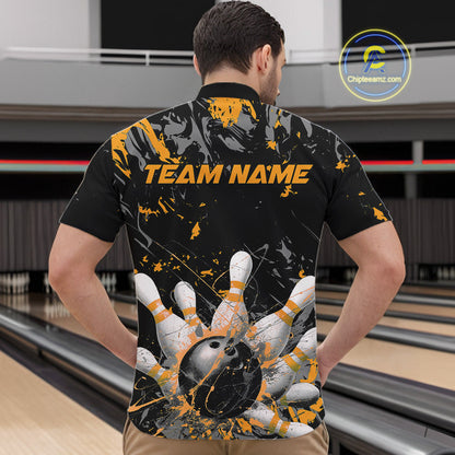 Custom Black And Yellow Splatter Camo Bowling Team Quarter-Zip Shirts For Men IPHW10800