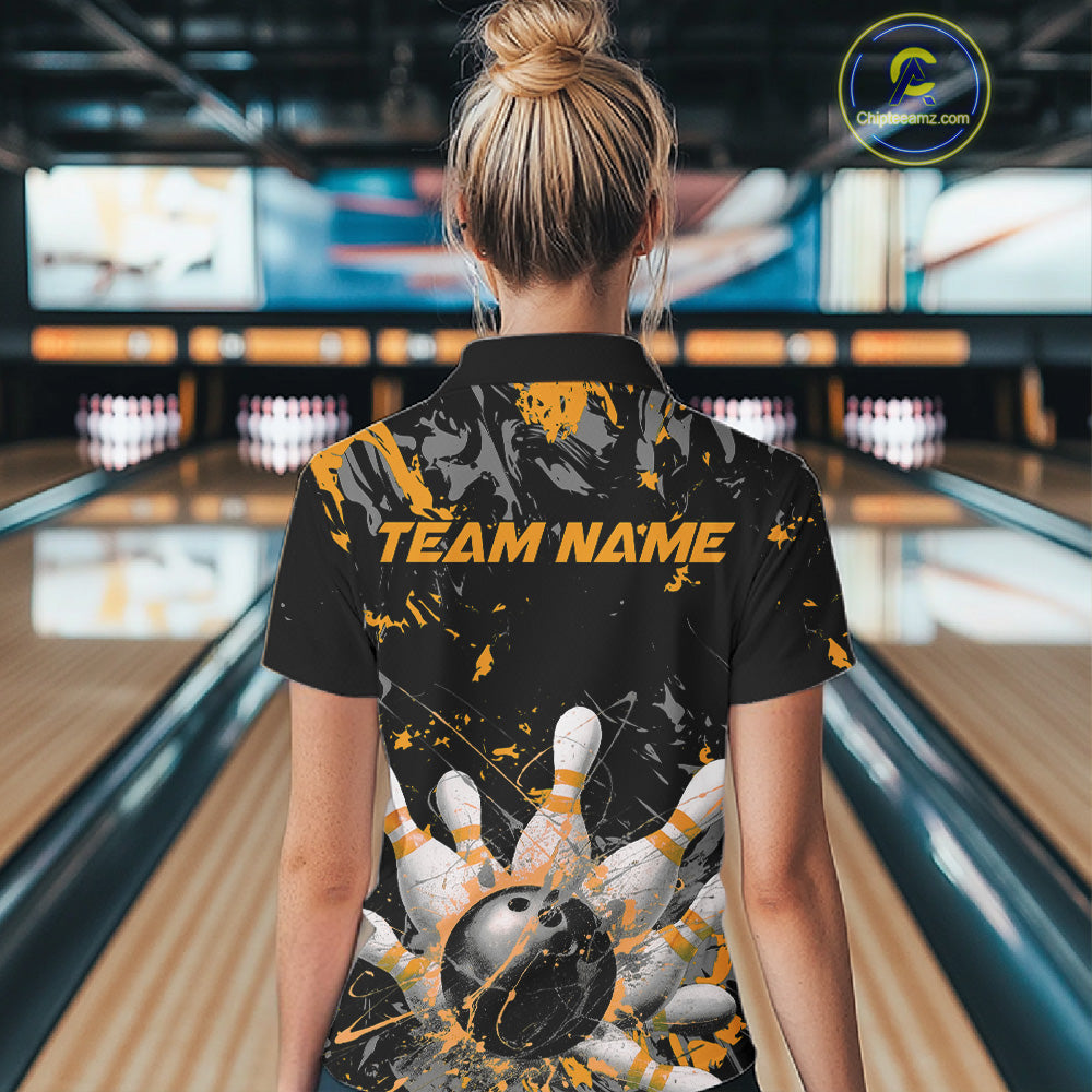 Custom Black And Yellow Splatter Camo Bowling Team Quarter-Zip Shirts For Women IPHW10800