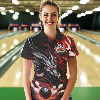 Custom Black And Red Flame Dragon Bowling Jerseys, Dragon Bowling Team Women Polo Shirts IPHW8919