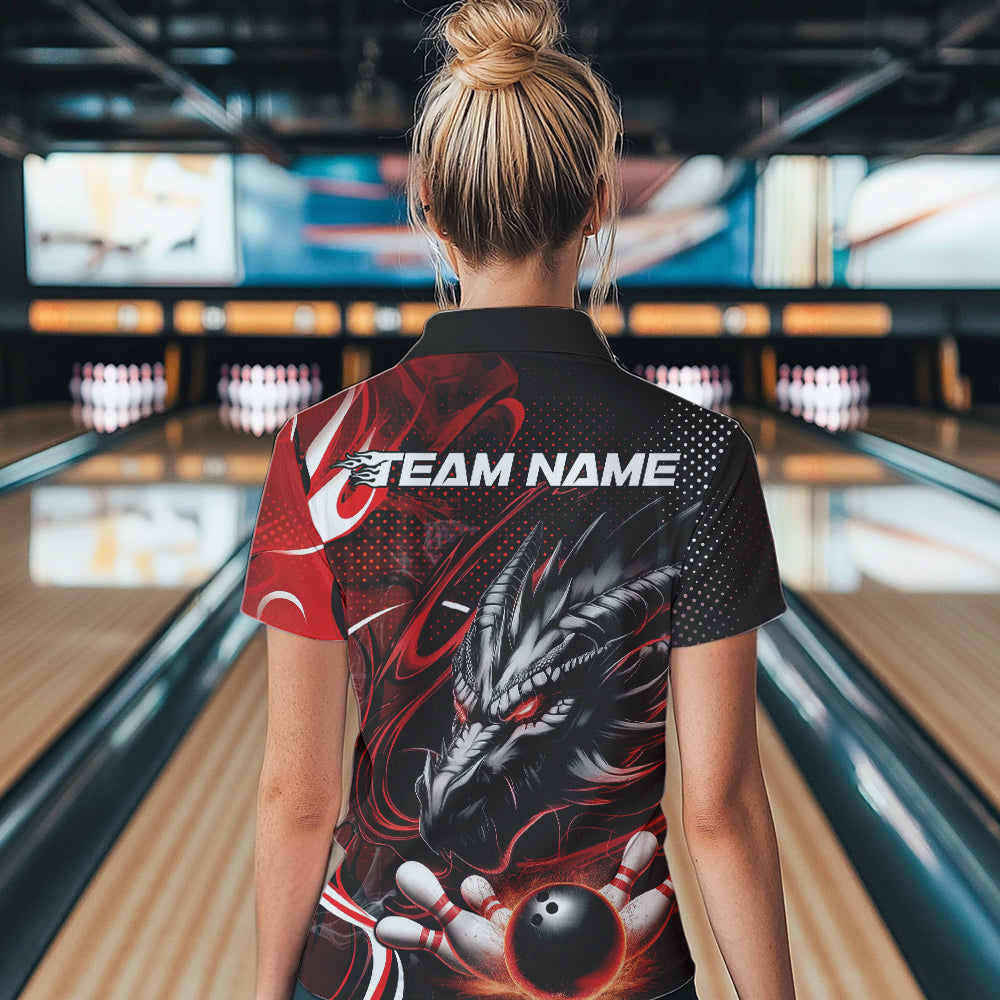 Custom Black And Red Flame Dragon Bowling Jerseys, Dragon Bowling Team Women Polo Shirts IPHW8919