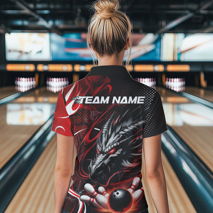 Custom Black And Red Flame Dragon Bowling Jerseys, Dragon Bowling Team Women Polo Shirts IPHW8919
