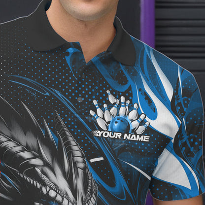 Custom Black And Blue Flame Dragon Bowling Jerseys, Dragon Bowling Team Men Polo Shirts IPHW8920