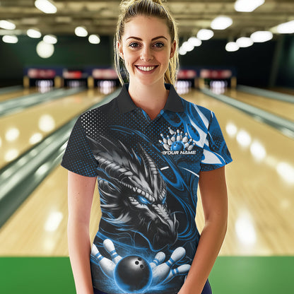 Custom Black And Blue Flame Dragon Bowling Jerseys, Dragon Bowling Team Women Polo Shirts IPHW8920