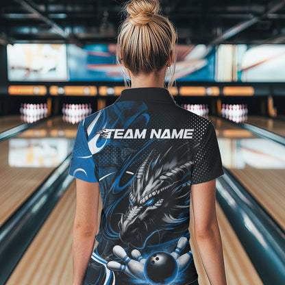 Custom Black And Blue Flame Dragon Bowling Jerseys, Dragon Bowling Team Women Polo Shirts IPHW8920