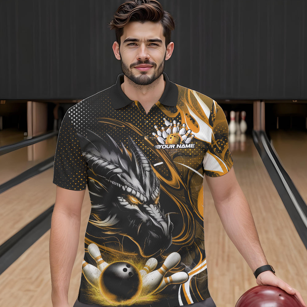 Custom Black And Yellow Flame Dragon Bowling Jerseys, Dragon Bowling Team Men Polo Shirts IPHW8921