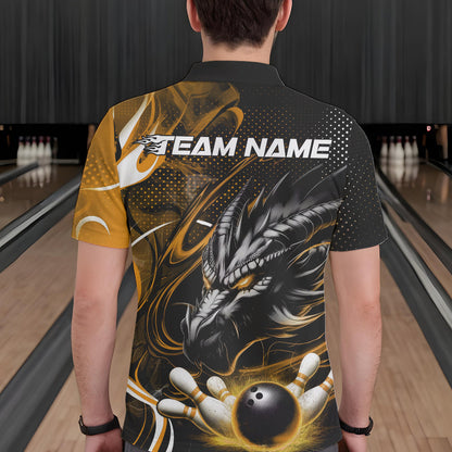 Custom Black And Yellow Flame Dragon Bowling Jerseys, Dragon Bowling Team Men Polo Shirts IPHW8921