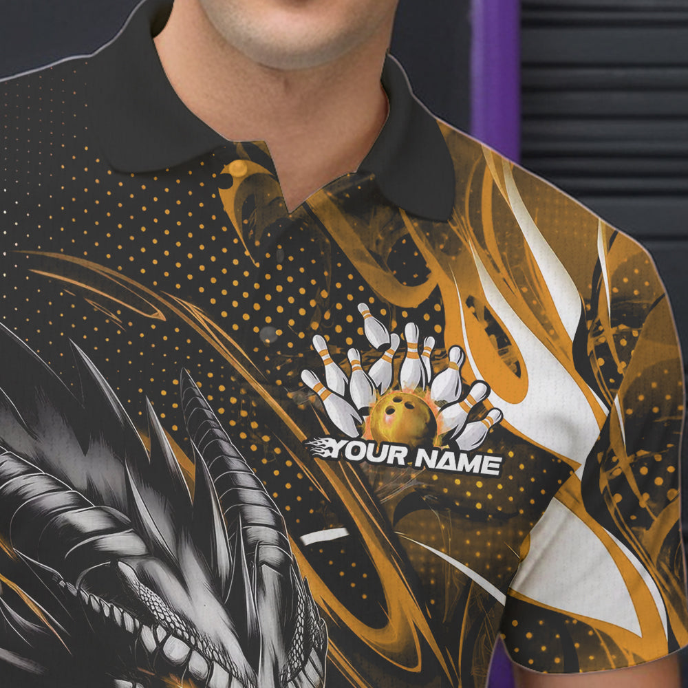 Custom Black And Yellow Flame Dragon Bowling Jerseys, Dragon Bowling Team Men Polo Shirts IPHW8921