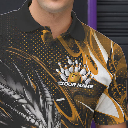 Custom Black And Yellow Flame Dragon Bowling Jerseys, Dragon Bowling Team Men Polo Shirts IPHW8921