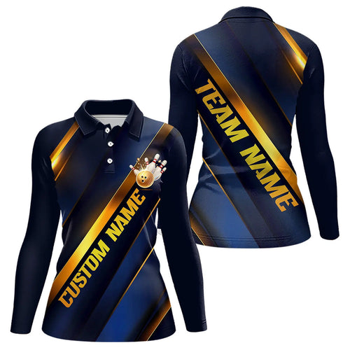 Custom Blue And Gold Bowling Long Sleeve Polo Shirt For Women With Team Name And Bowlers Name IPHW6617