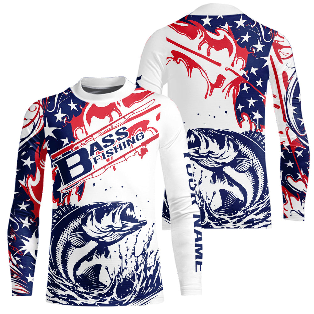 Custom American Flag Largemouth Bass Kid Long Sleeve Fishing Shirts, Patriotic Bass Fishing Jerseys IPHW9132