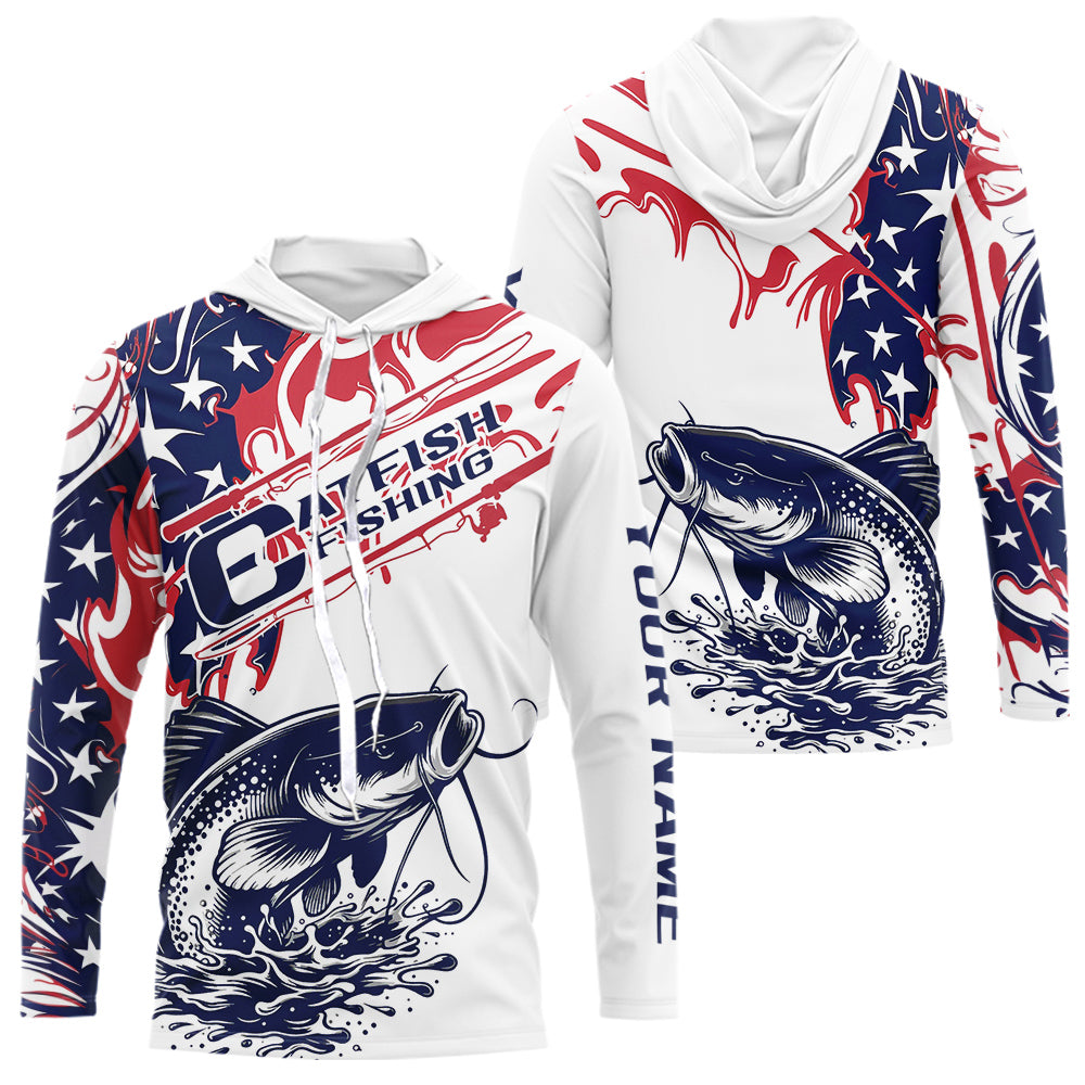 Custom American Flag Catfish Long Sleeve Hooded Fishing Shirts, Patriotic Catfish Fishing Jerseys IPHW9133