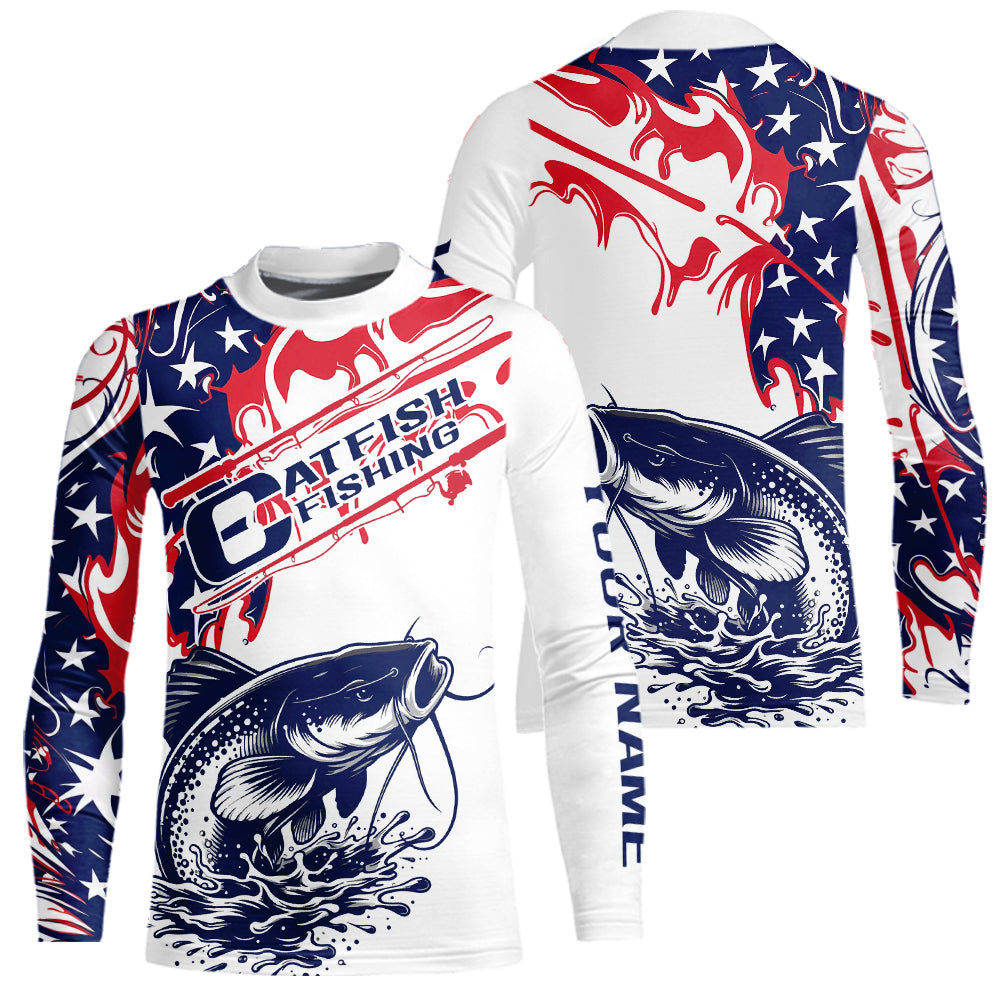 Custom American Flag Catfish Kid Long Sleeve Fishing Shirts, Patriotic Catfish Fishing Jerseys IPHW9133