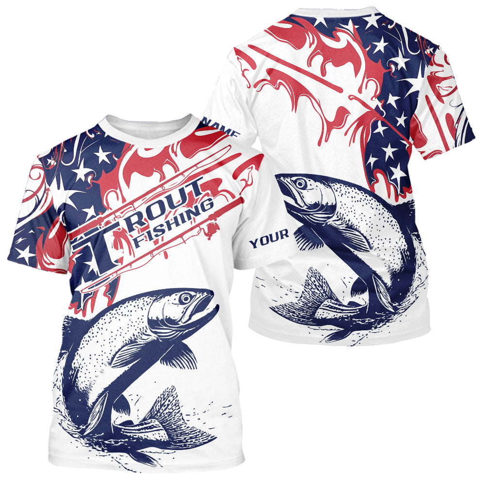 Custom American Flag Trout Fishing T-Shirts, Patriotic Trout Fishing Jerseys IPHW9134