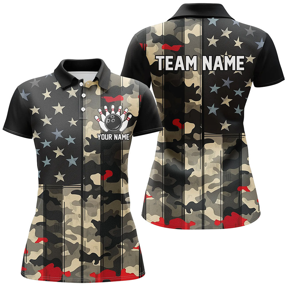 Custom American Flag Patriotic Bowling Shirts For Women, Camo Bowling Team Jerseys IPHW7173
