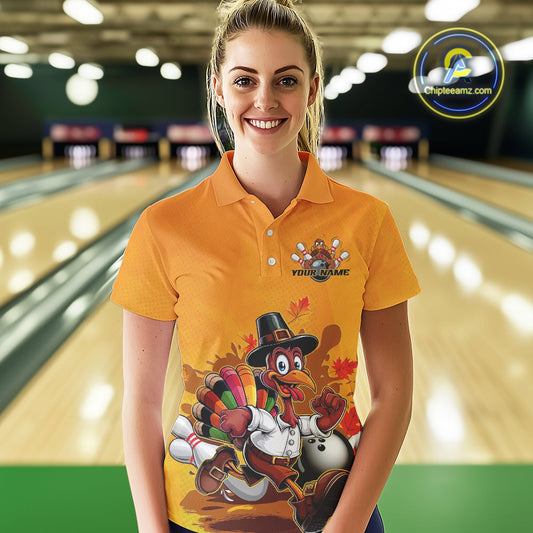 Custom Funny Thanksgiving Turkey Bowling Women Polo Shirts, Thanksgiving Bowler Outfit IPHW9724