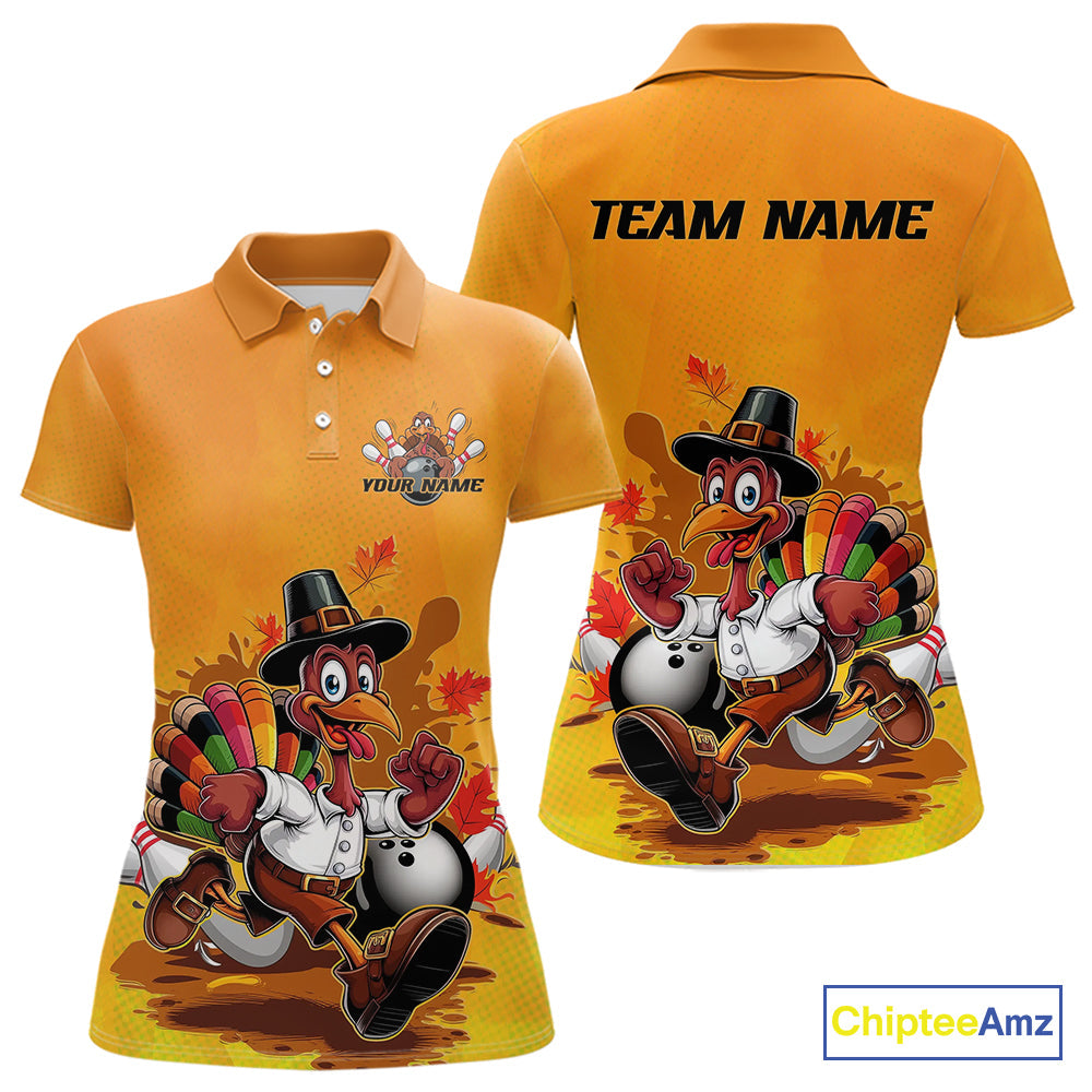 Custom Funny Thanksgiving Turkey Bowling Women Polo Shirts, Thanksgiving Bowler Outfit IPHW9724