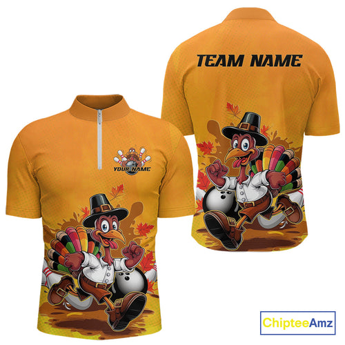 Custom Funny Thanksgiving Turkey Bowling Quarter-Zip Shirts For Men, Thanksgiving Bowler Outfit IPHW9724