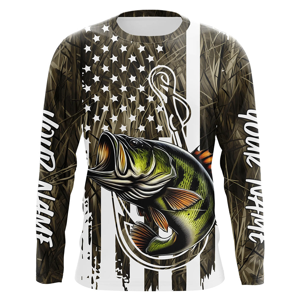 Lake Grass Camo US Flag Custom Largemouth Bass Patriotic Long Sleeve Fishing Shirts With Name IPHW8165