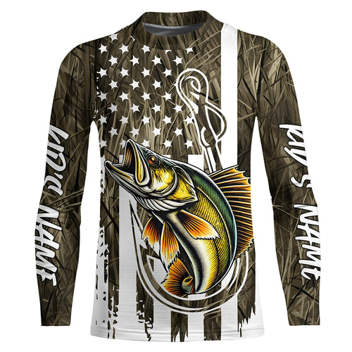 Lake Grass Camo US Flag Custom Walleye Patriotic Kid Long Sleeve Fishing Shirts With Name IPHW8166