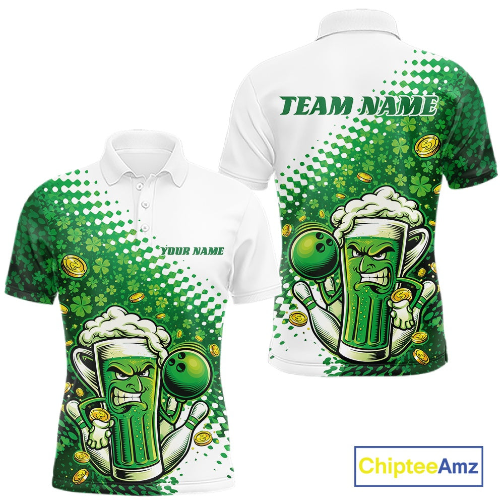 Custom Funny St Patricks Day Beer Bowling Team Shirts, Green Shamrock And Gold Coin Bowling Jerseys IPHW10521